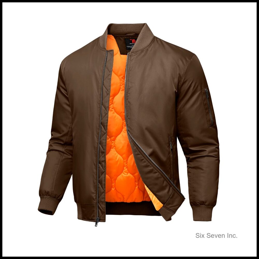 Men's Bomber Jacket Quilted Padded Windbreaker Varsity Style Zip Up 4 Pockets